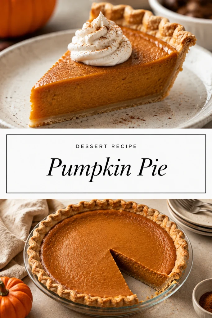 A slice of pumpkin pie with a golden flaky crust and a dollop of whipped cream on top.