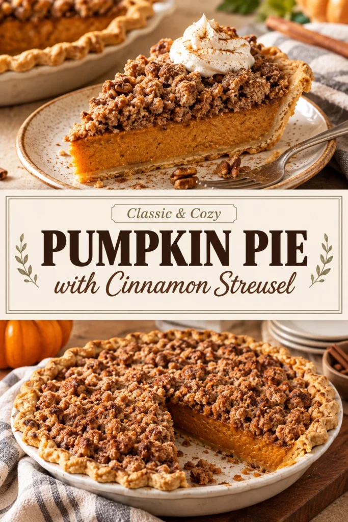 A slice of pumpkin pie topped with a golden brown cinnamon streusel crumble on a white ceramic plate.