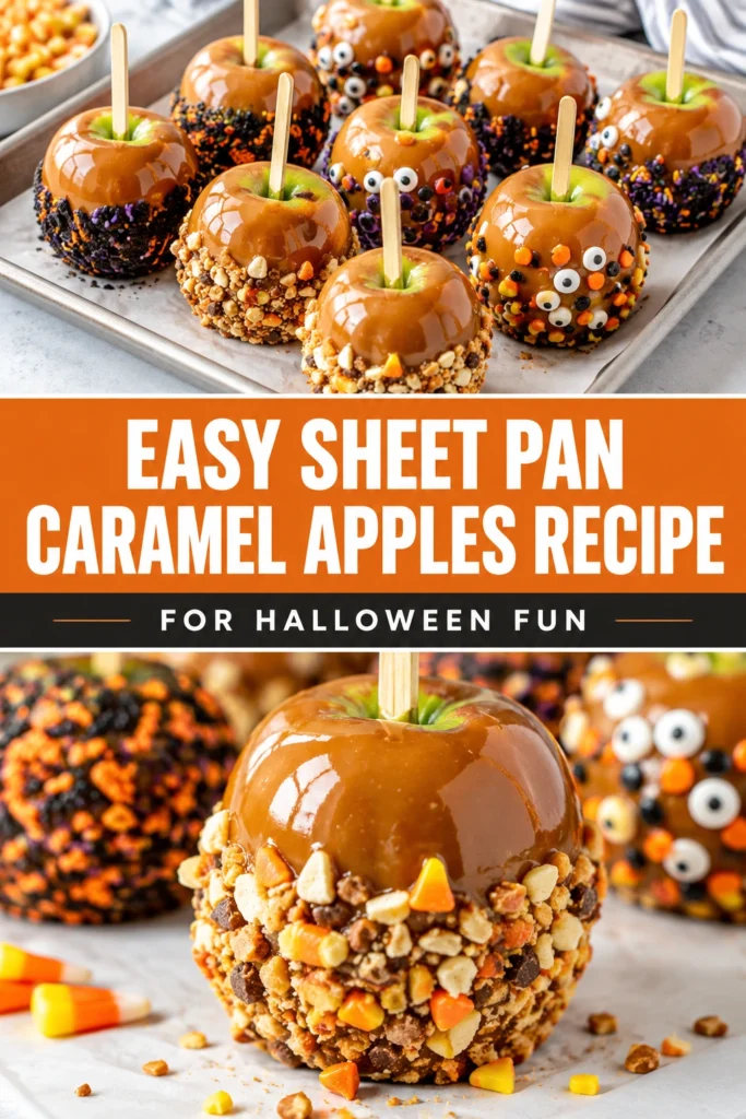 Apple slices coated in golden caramel and topped with crushed nuts on a baking sheet for a Halloween treat.