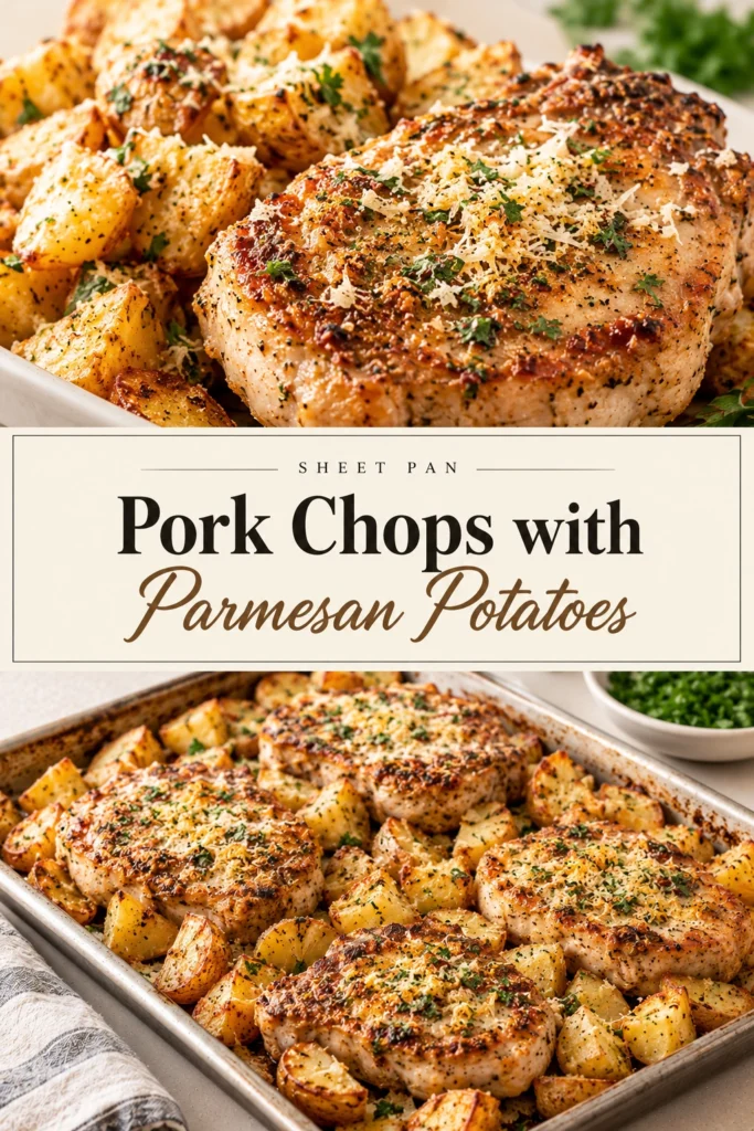 Seared pork chops and golden brown parmesan roasted potatoes arranged on a baking sheet, garnished with fresh parsley.