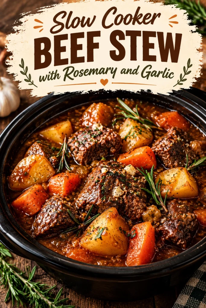 A rustic bowl of slow cooker beef stew with tender chunks of beef, carrots, and potatoes in a savory gravy.