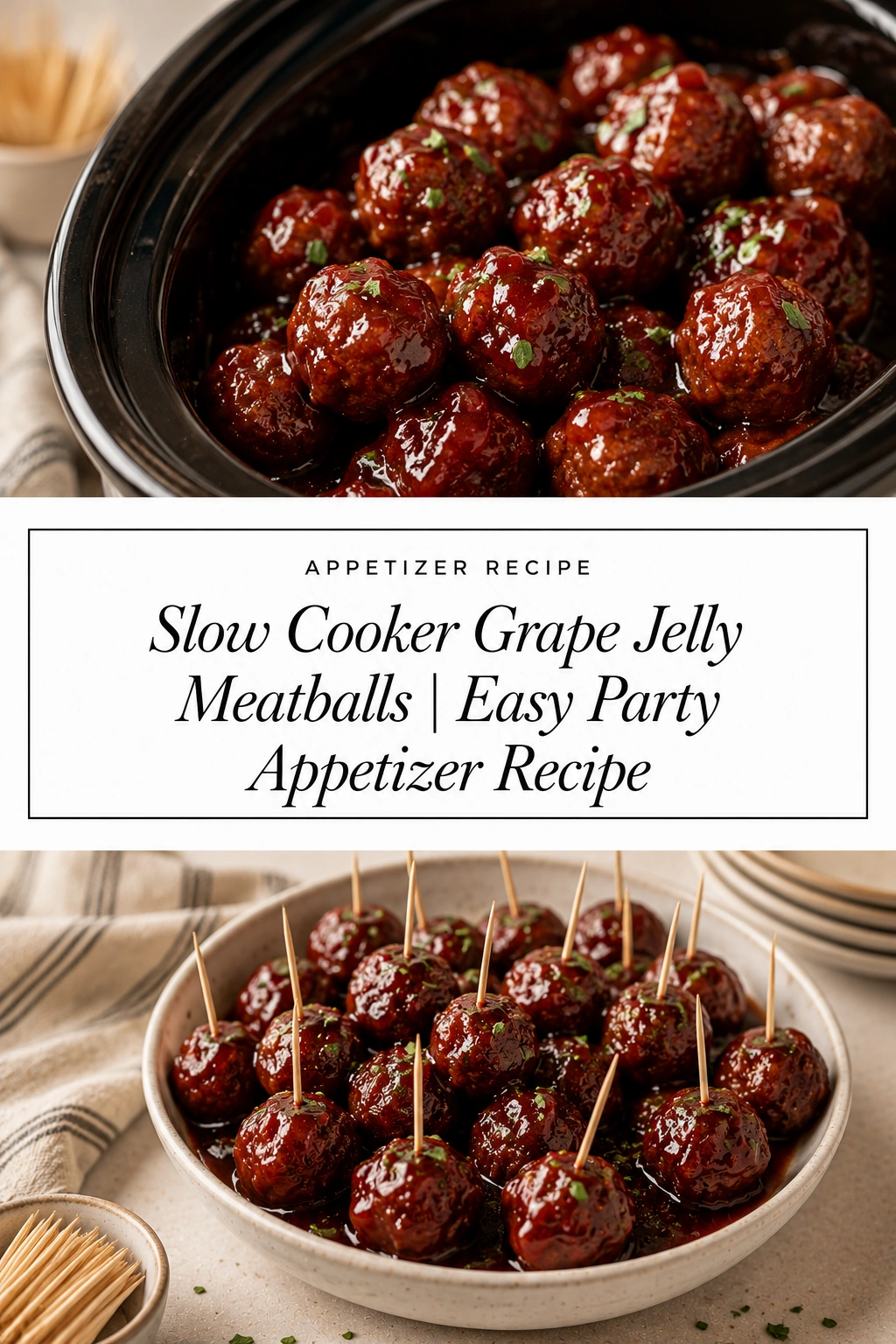 Glazed meatballs in a sticky grape jelly sauce served in a slow cooker with a toothpick in one meatball.