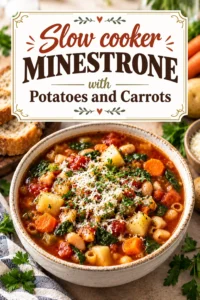 A bowl of slow cooker minestrone soup with potatoes, carrots, celery, beans, and pasta, garnished with fresh parsley.