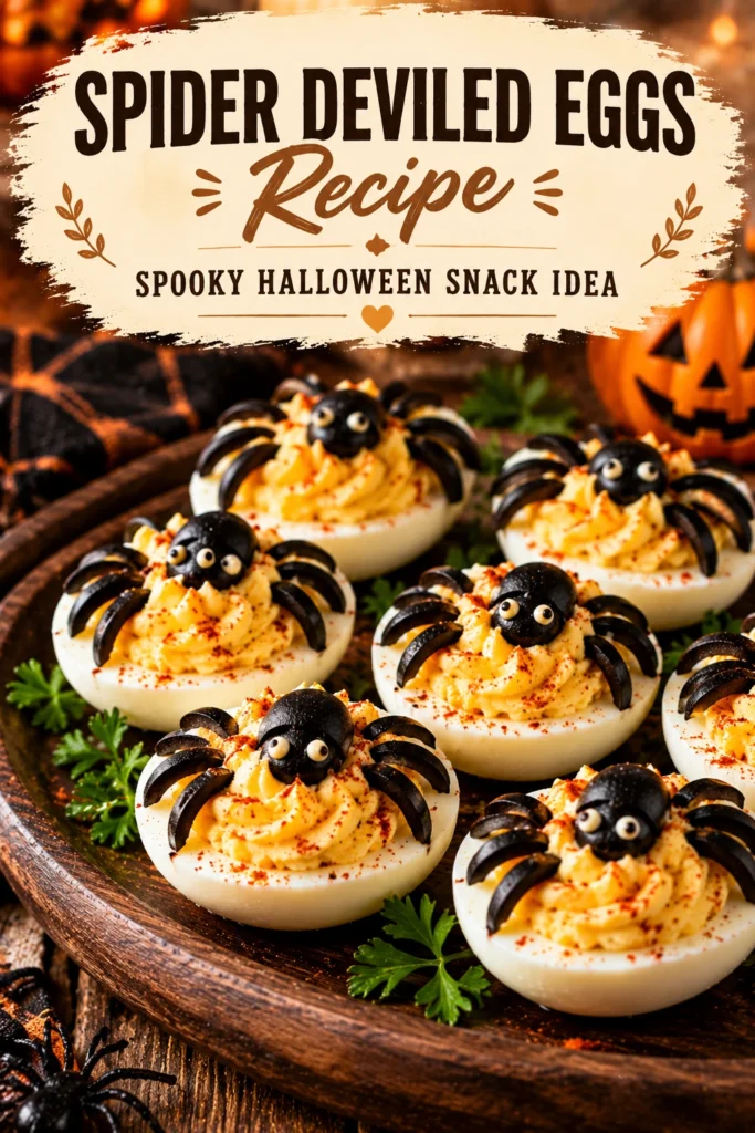 Deviled eggs topped with black olive spiders, featuring olive slice bodies and thin slivers for legs on a platter.