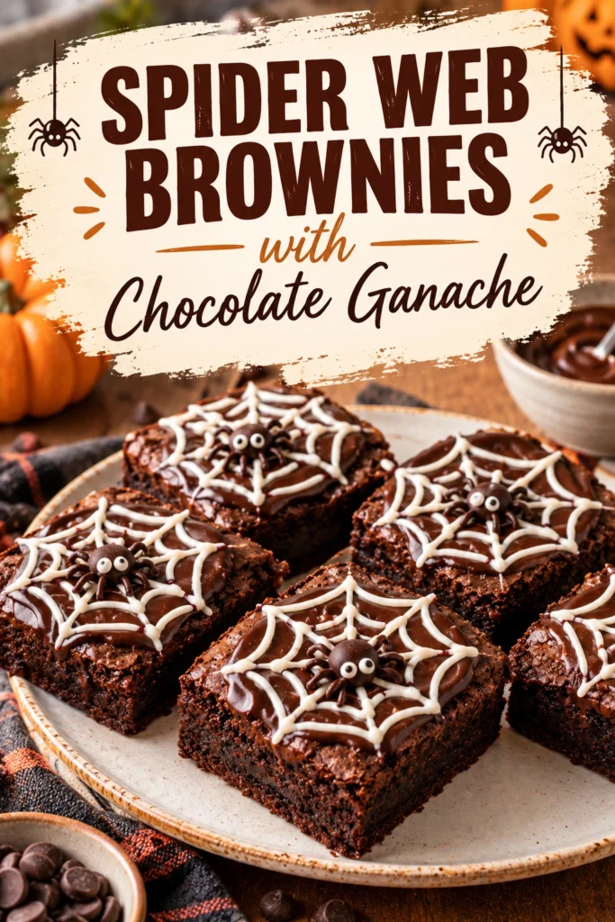 Square chocolate brownies topped with a smooth chocolate ganache and a white chocolate spider web design across the top.