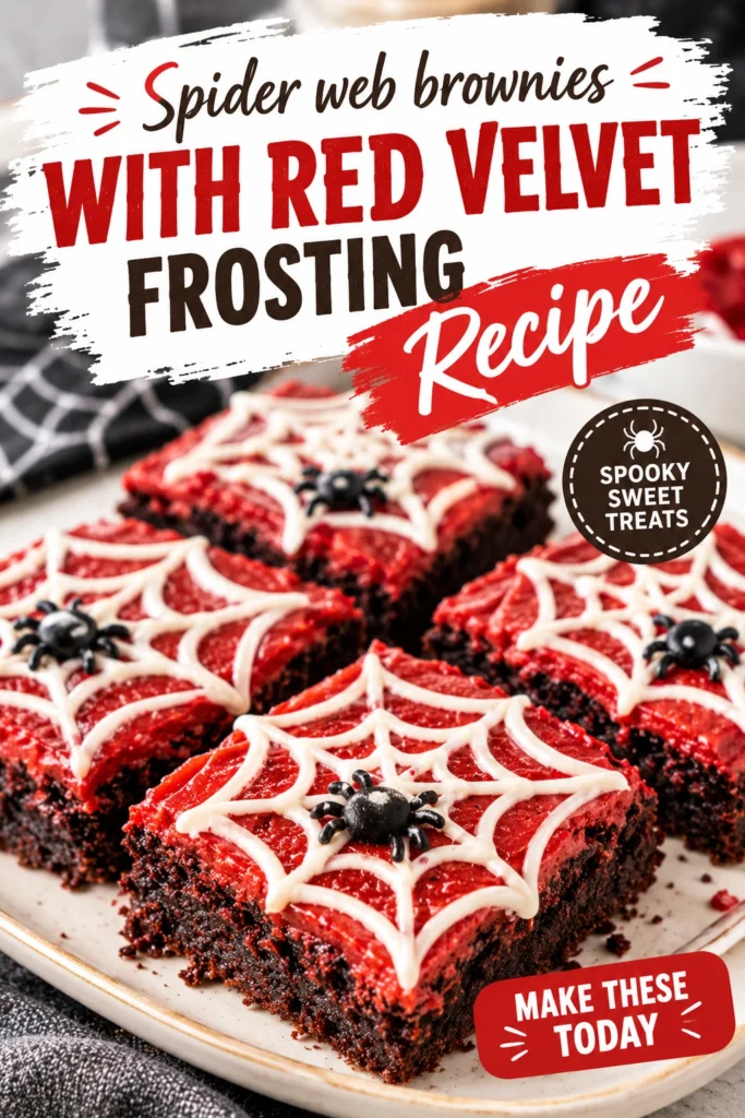 Square chocolate brownies topped with swirls of red velvet frosting and a white chocolate spider web design.