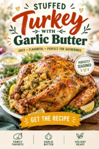 Golden-brown roasted whole stuffed turkey on a platter, garnished with fresh herbs and melted garlic butter.