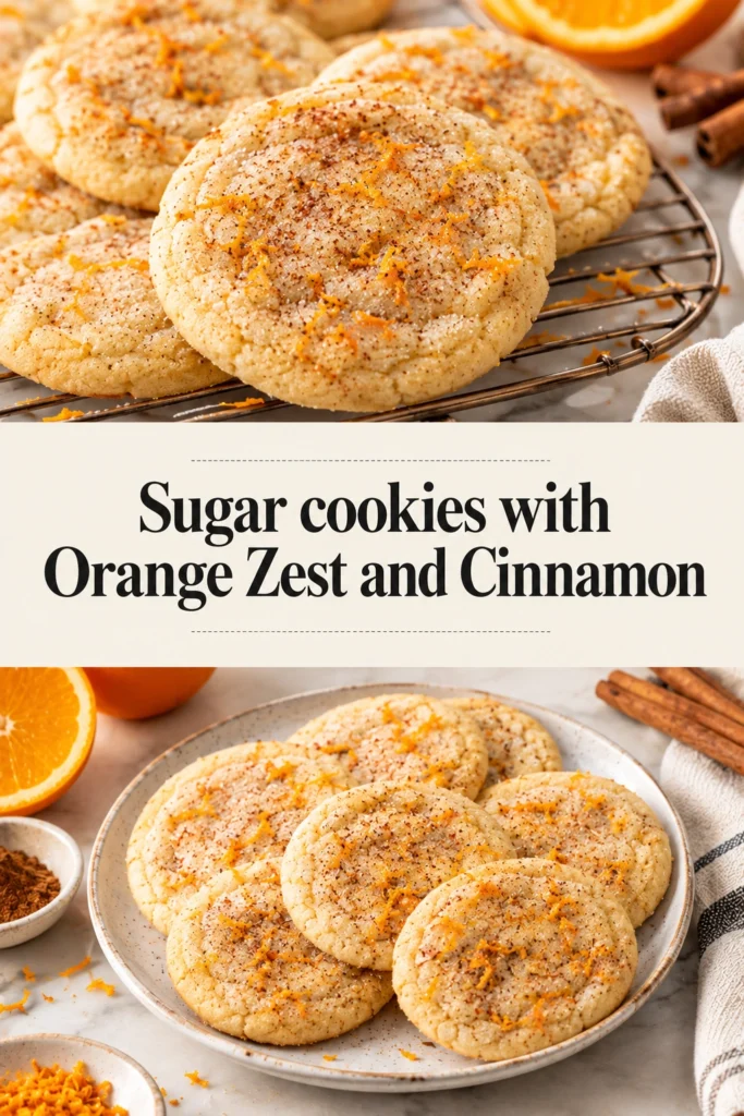 A stack of soft, round sugar cookies with orange zest and cinnamon, lightly dusted with granulated sugar on a plate.
