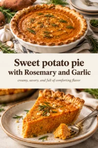A slice of savory sweet potato pie in a golden crust, topped with fresh rosemary sprigs and minced garlic.
