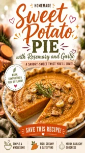 A slice of savory sweet potato pie with a golden crust, topped with fresh rosemary sprigs and minced garlic.