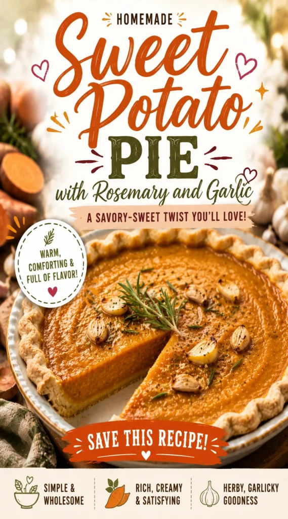 A slice of savory sweet potato pie with a golden crust, topped with fresh rosemary sprigs and minced garlic.
