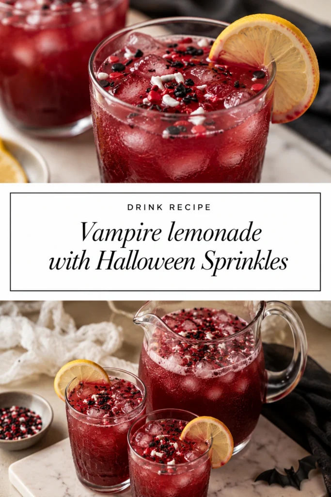 Bright yellow lemonade in a glass topped with whipped cream, red syrup drips, and Halloween-themed sprinkles.