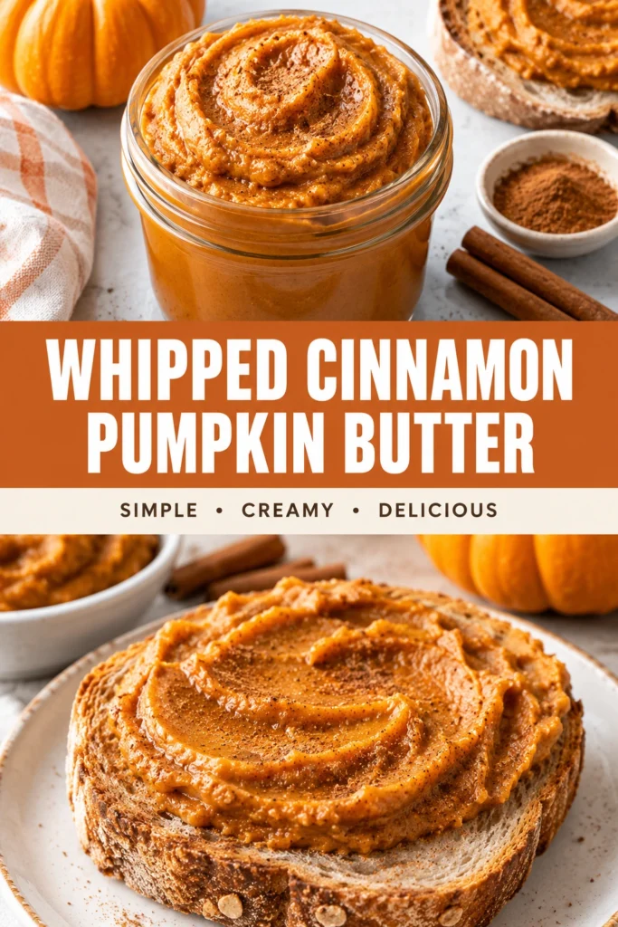 A glass jar of creamy, whipped cinnamon pumpkin butter topped with a cinnamon stick, set against a rustic background.